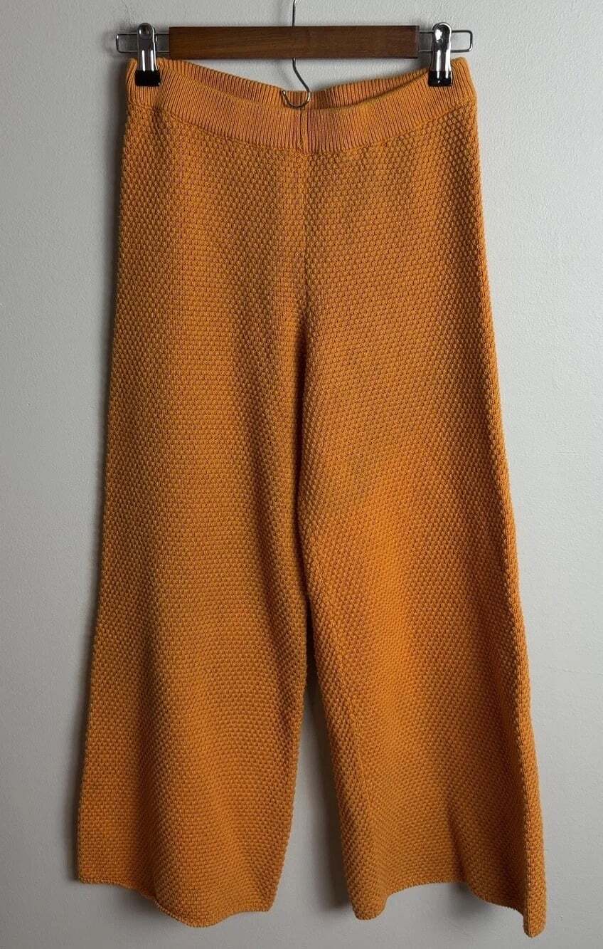 Free People Beach Mustard Yellow Textured Knit Wide Leg Pants Cotton Size XS Wms
